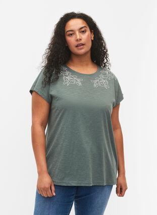 Bawelniana koszulka z nadrukiem lisci, Balsam Green Leaf, Model image number 0