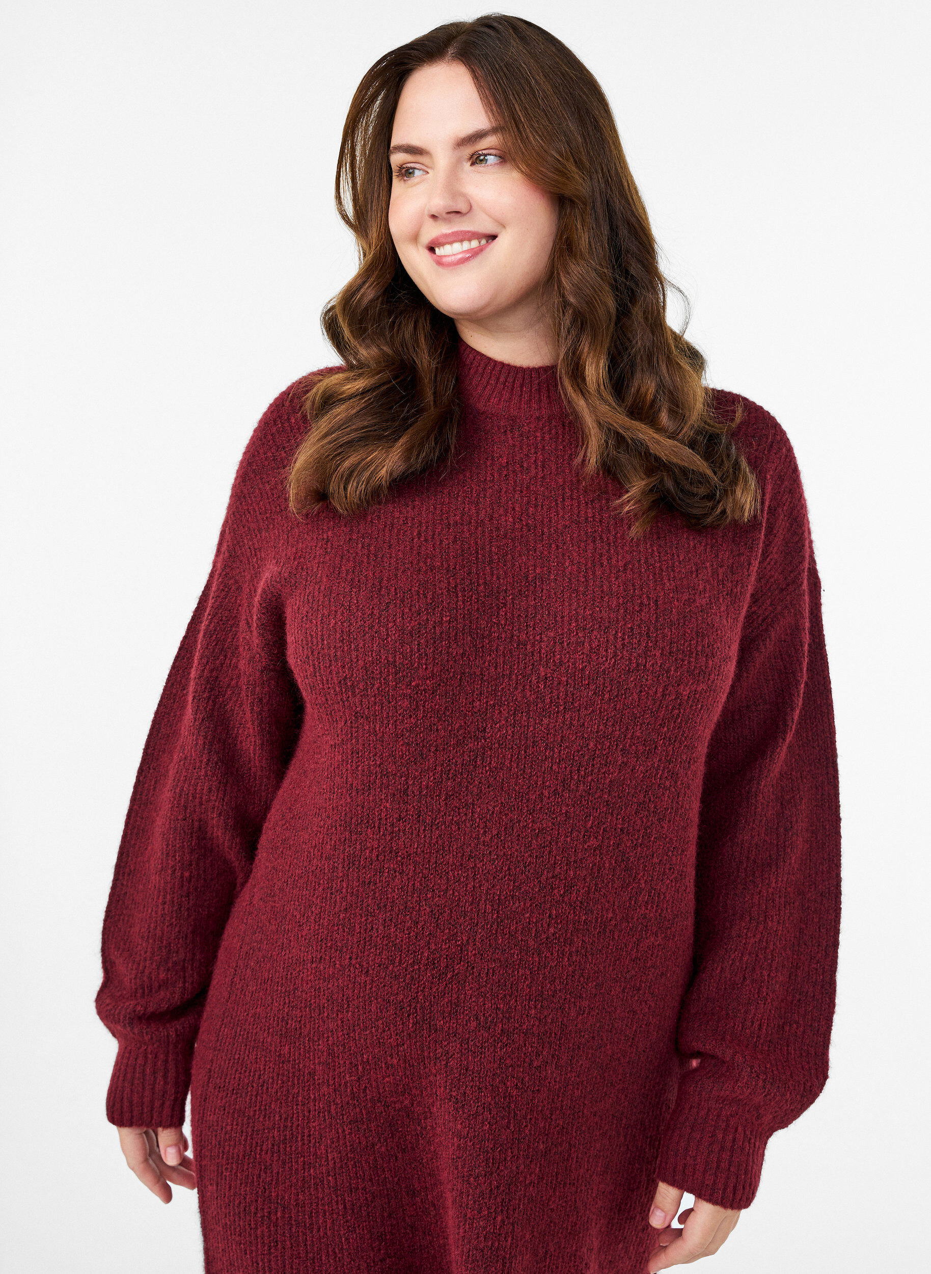 Zizzi Dluga dzianinowa sukienka z wysokim dekoltem, Czerwony, Model image number 2