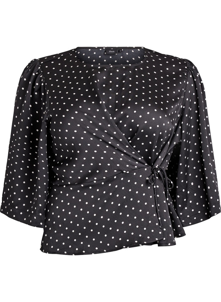 Bluzka Polka dot z wiazaniami i 3/4-sleeves, Czarne, Packshot image number 0
