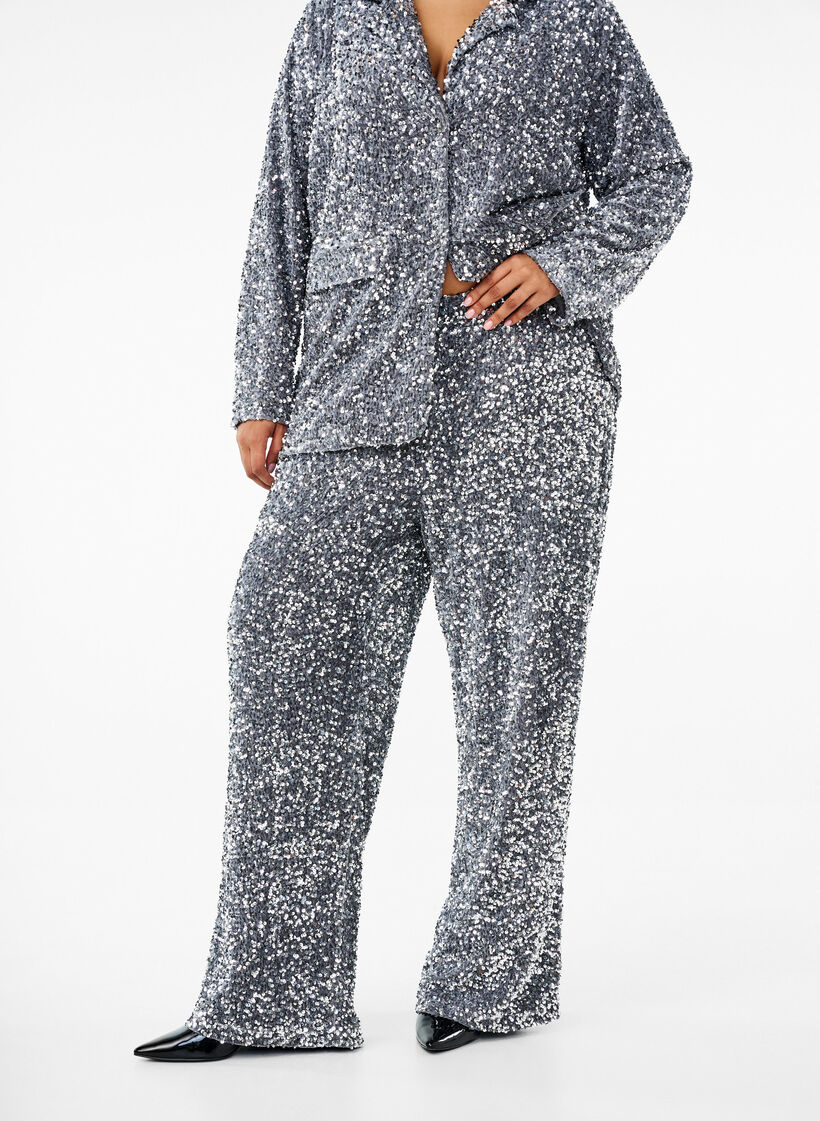 Luzne cekinowe spodnie z wysokim stanem, Silver, Model image number 2