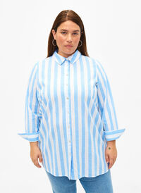 Koszula o przedluzonym kroju wykonana z lnu i bawelny, Blue White Stripe, Model