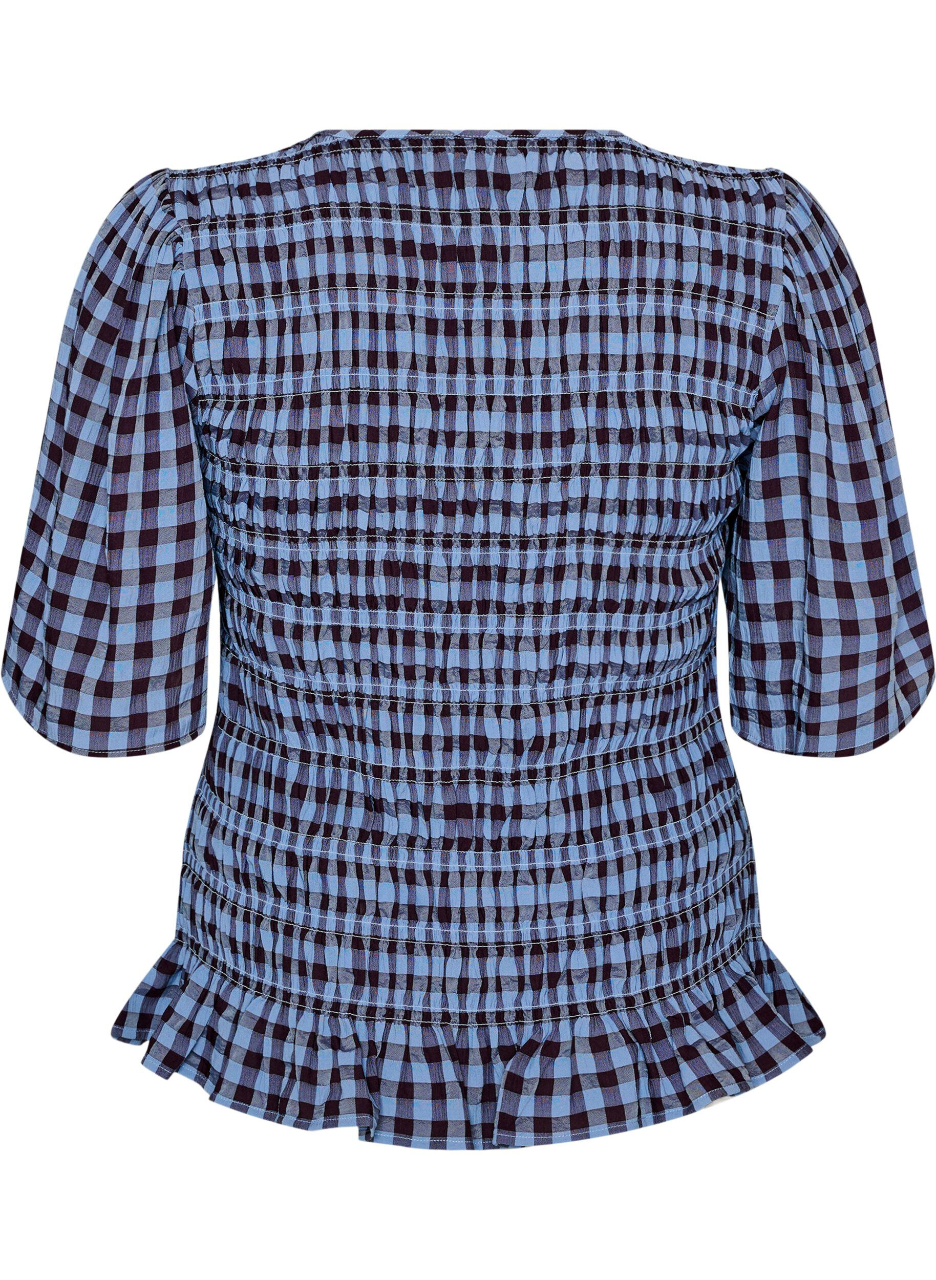 ZizziBluzka w stylu fartuszka z kratka gingham i falbana na dole, Niebieskie, Packshot image number 1