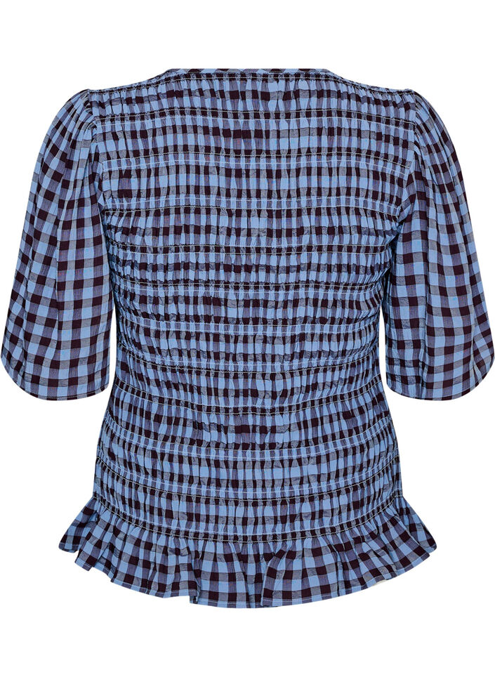 Bluzka w stylu fartuszka z kratka gingham i falbana na dole, Niebieskie, Packshot image number 1