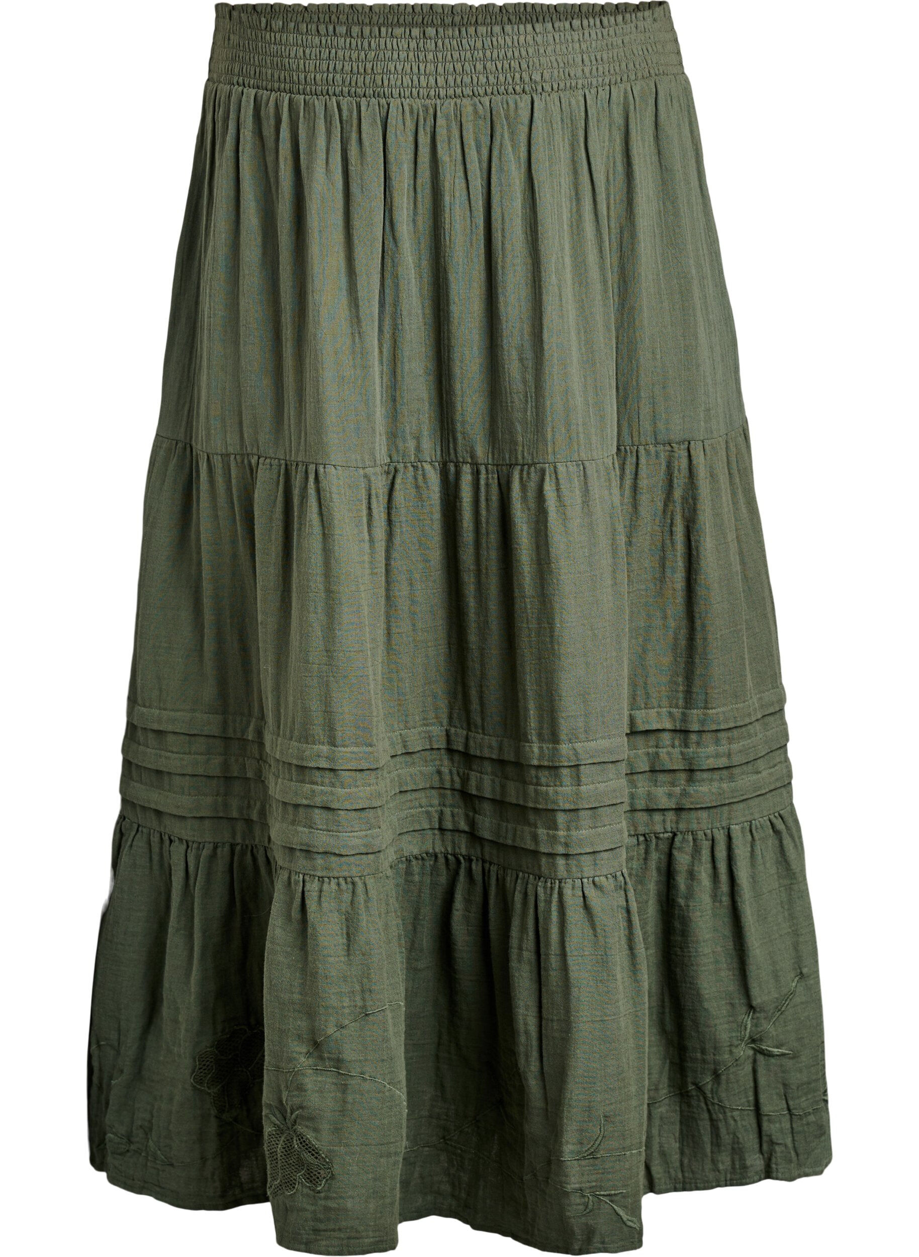 Zizzi Dluga bawelniana muslinowa sp&oacute;dnica z haftowanymi detalami, Thyme, Packshot image number 0