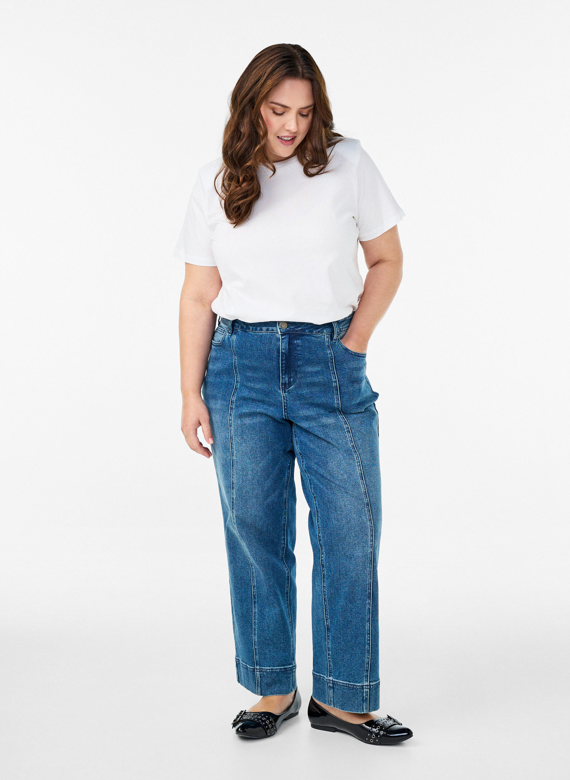 Zizzi Podstawowa bawelniana koszulka z wstawkami na ramionach, Biały, Model image number 1