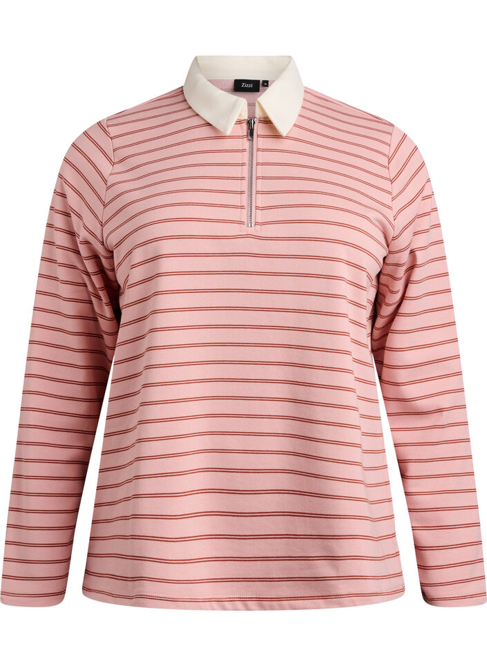 Koszulka polo w paski z zamkiem blyskawicznym, Różowy, Packshot image number 0