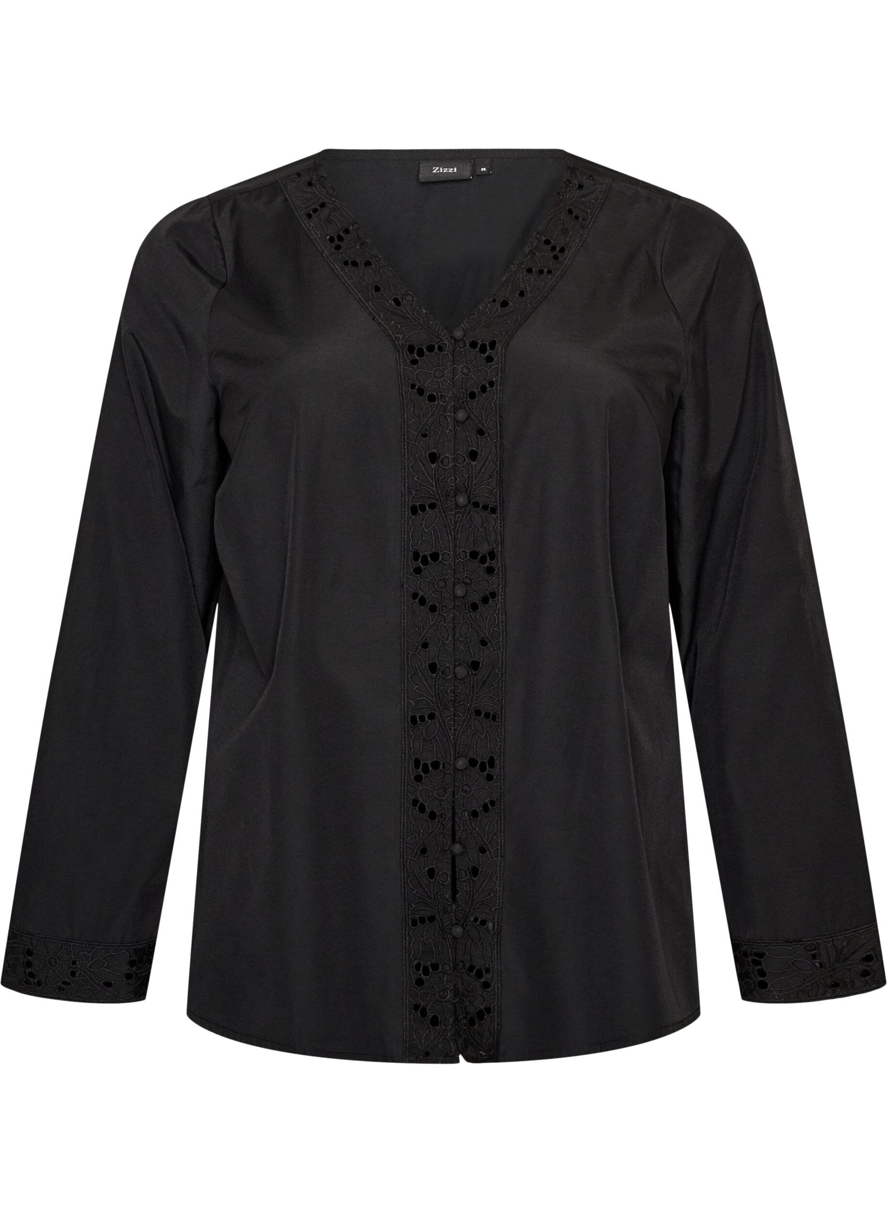 ZizziBluzka koszulowa z haftem angielskim, Czarne, Packshot image number 0