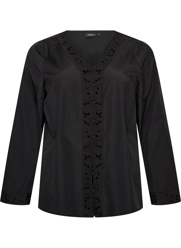 Bluzka koszulowa z haftem angielskim, Czarne, Packshot image number 0