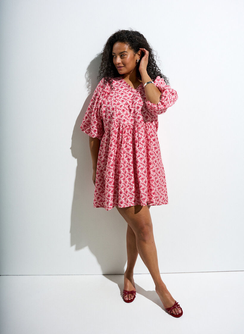 Kr&oacute;tka sukienka z wiskozy o kroju empire z bufiastymi rekawami, Czerwony, Image image number 0