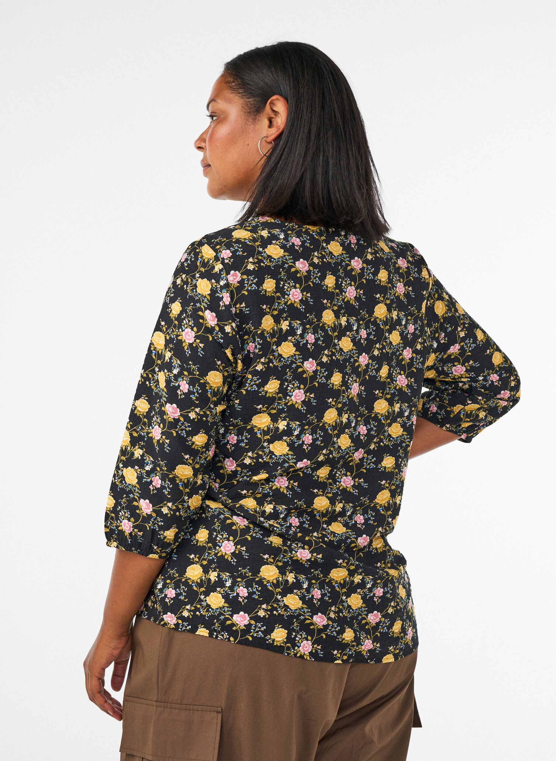 ZizziBluzka z wiskozy w krate z 3/4-sleeves, Czarne, Model image number 2