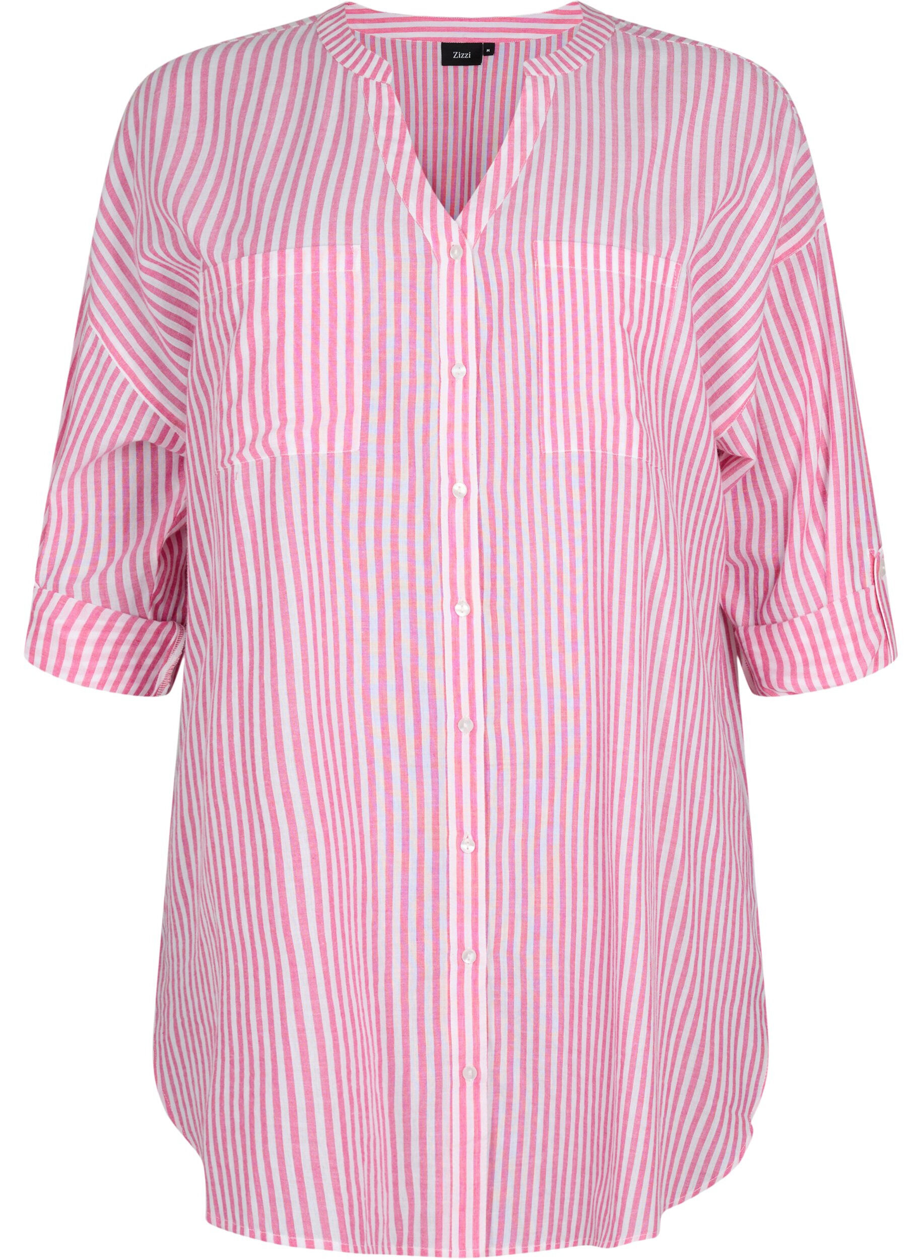 Zizzi Striped tunic with v neck and buttons, Beetroot Stripe, Packshot image number 0