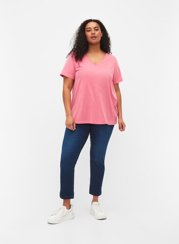 T-shirt z krótkim rekawem i dekoltem w szpic, Bubblegum Pink, Model image number 1