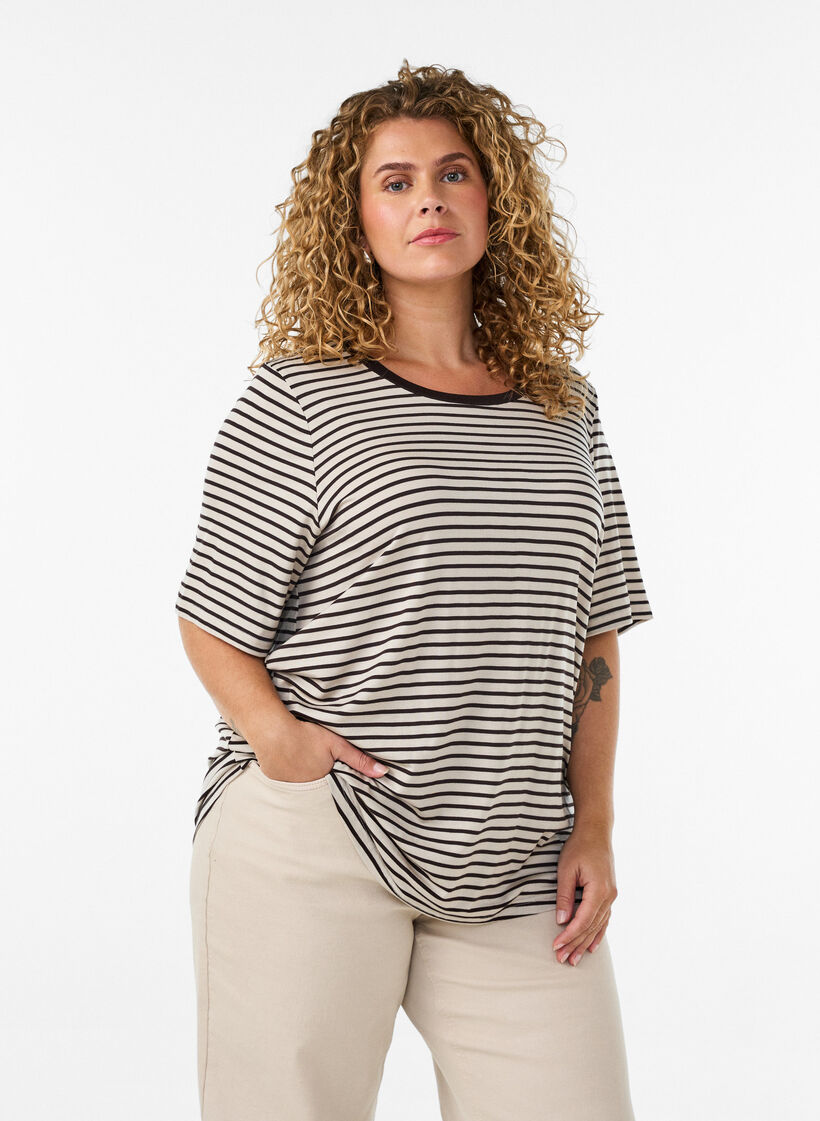 Koszulka z TENCEL&trade; Lyocell i paskami, Brązowy, Model image number 0