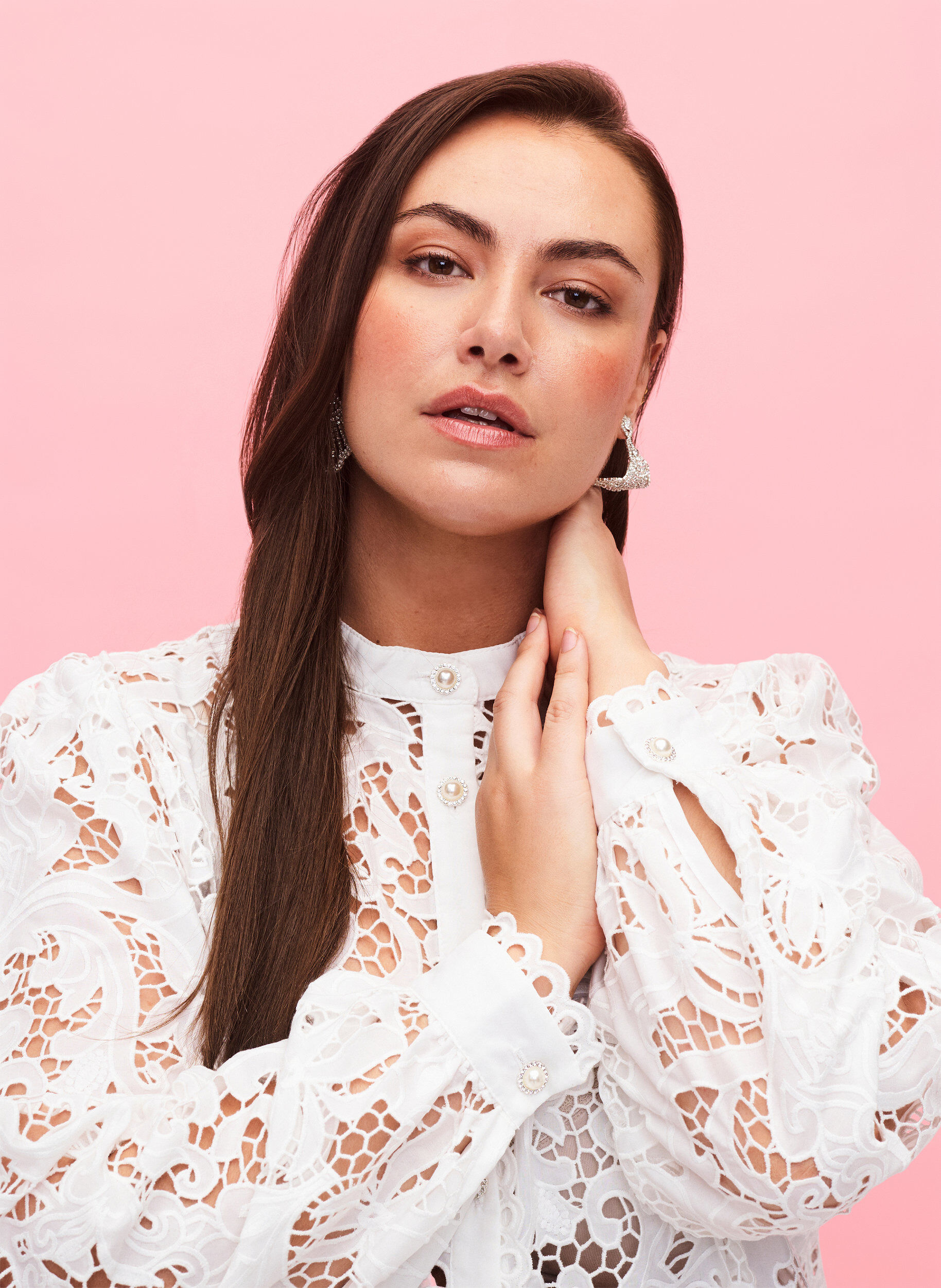 Zizzi Koronkowa bluzka koszulowa z dlugimi rekawami, White, Model image number 2