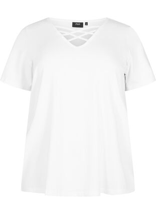Koszulka z dekoltem w szpic i detalem w ksztalcie krzyza, Warm Off-white, Packshot image number 0