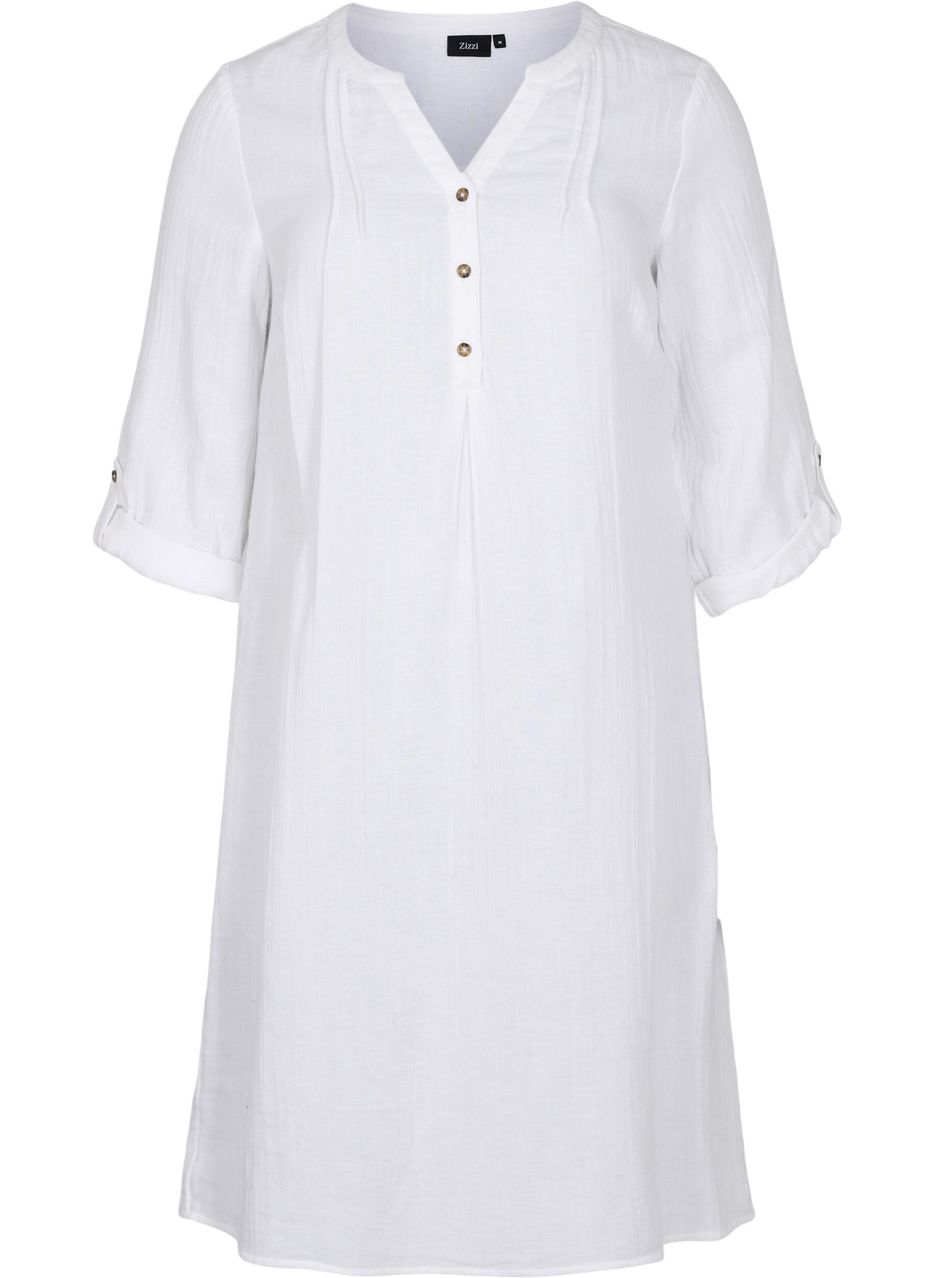 Zizzi Cotton dress with 3/4 sleeves, Bright White, Packshot image number 0