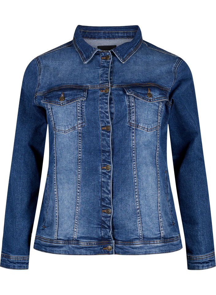 Krótka bawelniana kurtka jeansowa, Blue denim, Packshot image number 0