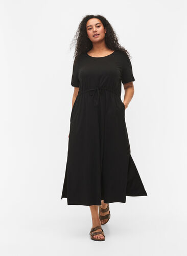 Bawelniana sukienka midi z krótkim rekawem, Black Solid, Model image number 0