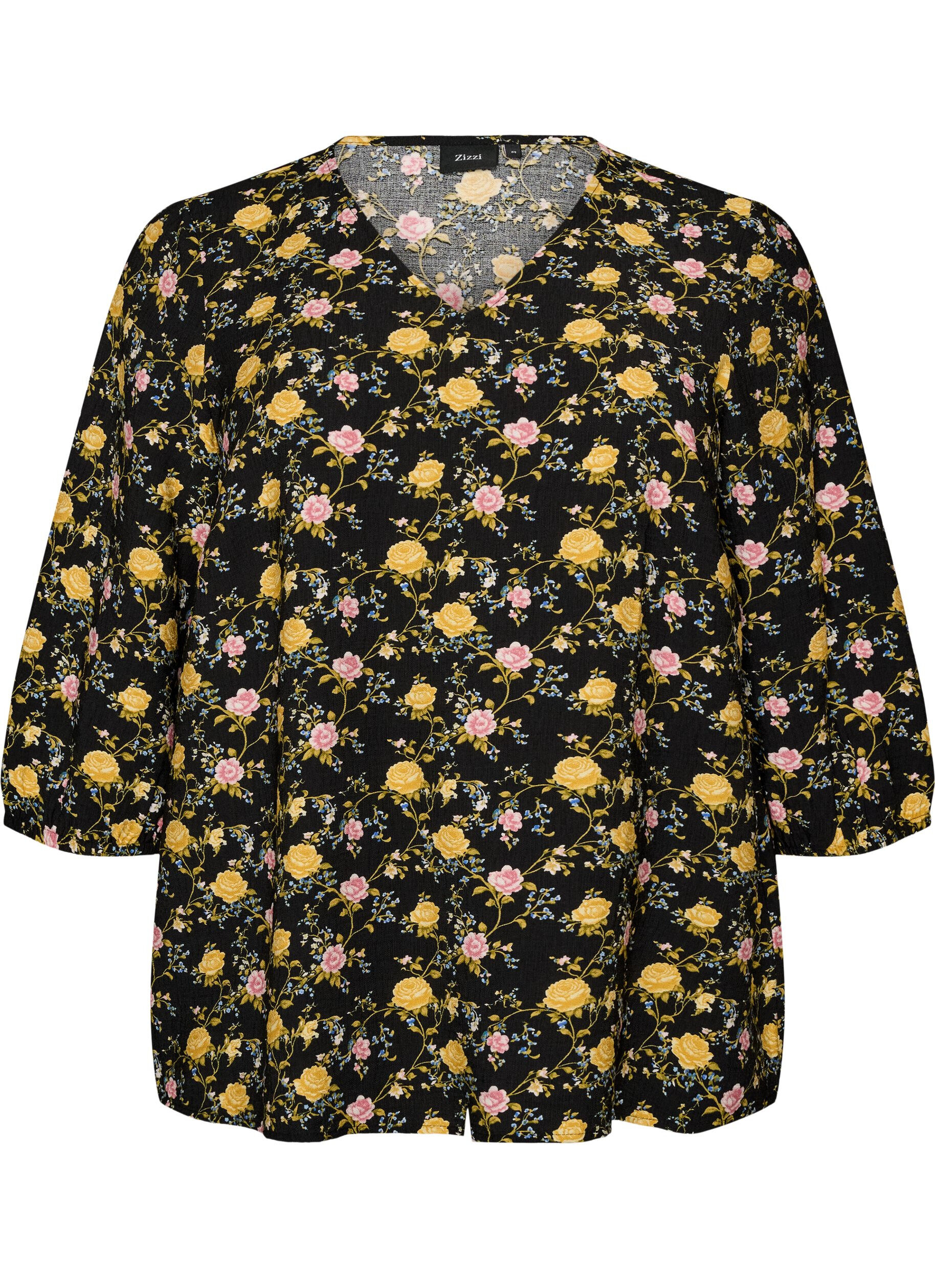 ZizziBluzka z wiskozy w krate z 3/4-sleeves, Czarne, Packshot image number 0