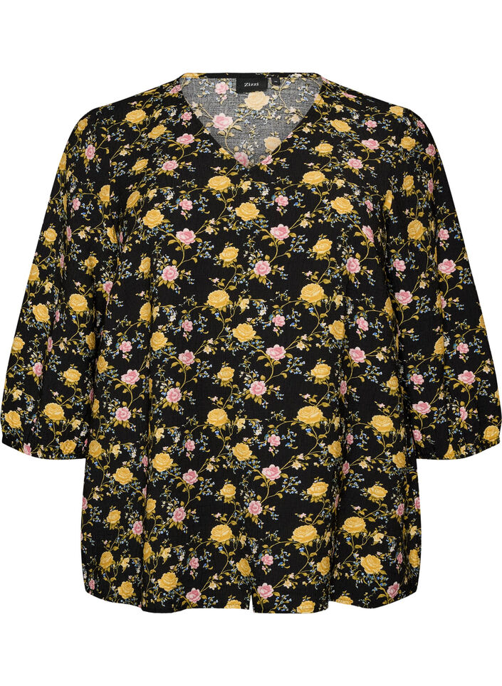 Bluzka z wiskozy w krate z 3/4-sleeves, Czarne, Packshot image number 0