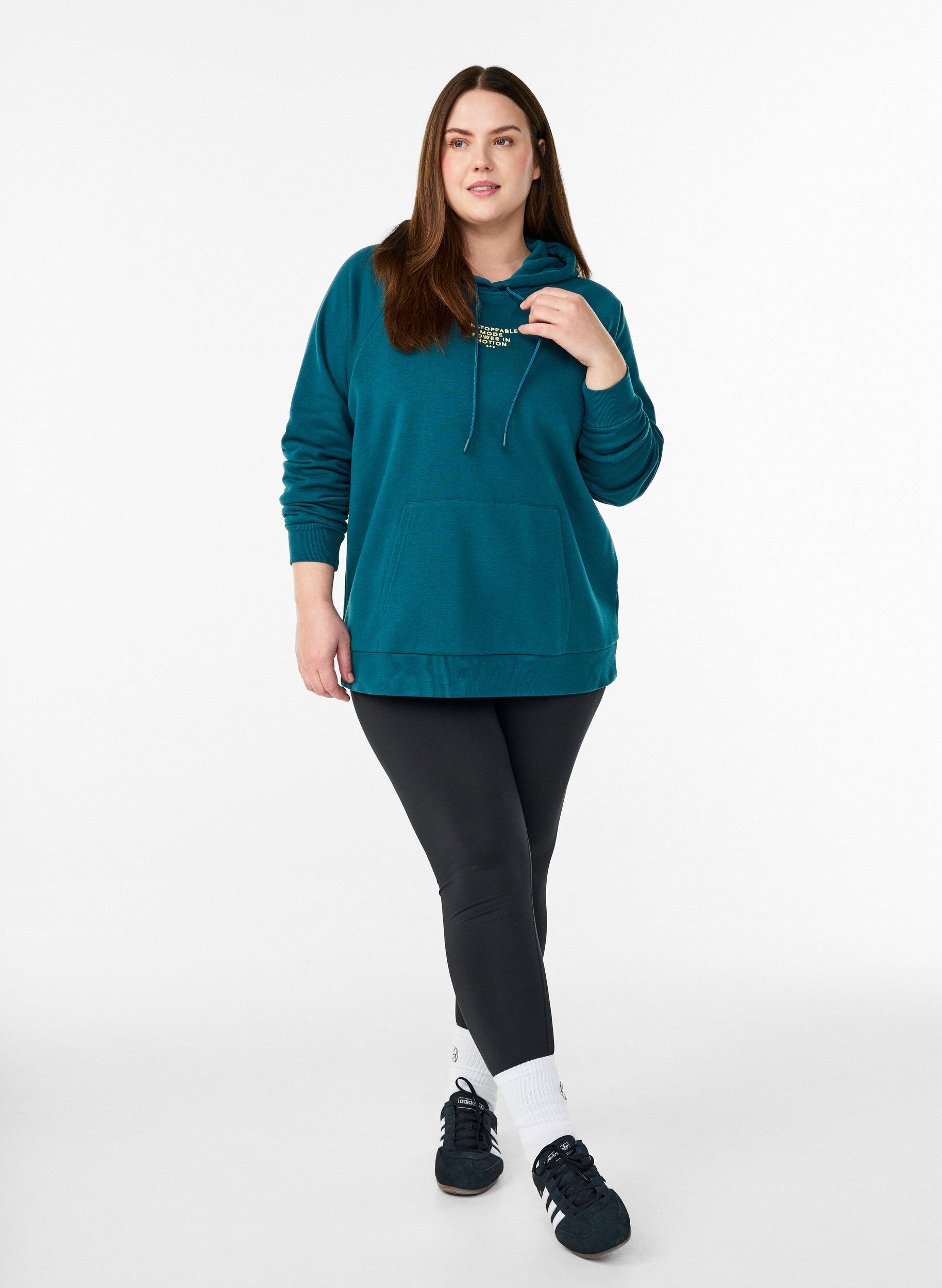 ZizziBluza z kapturem z haftowanym motywem z przodu, Zielony, Model image number 1