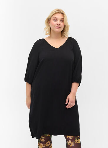 Wiskozowa sukienka z dekoltem w szpic, Black, Model image number 0