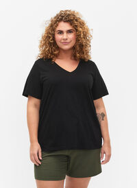 Podstawowa koszulka z krótkim rekawem i dekoltem w szpic, Black, Model