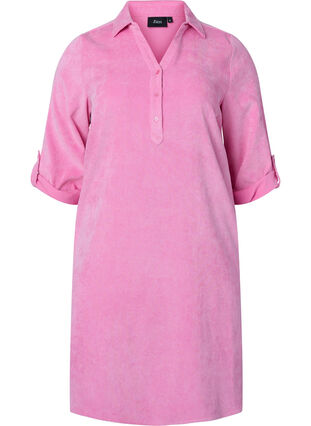 Aksamitna sukienka z 3/4-length rekawami i guzikami, Begonia Pink, Packshot image number 0
