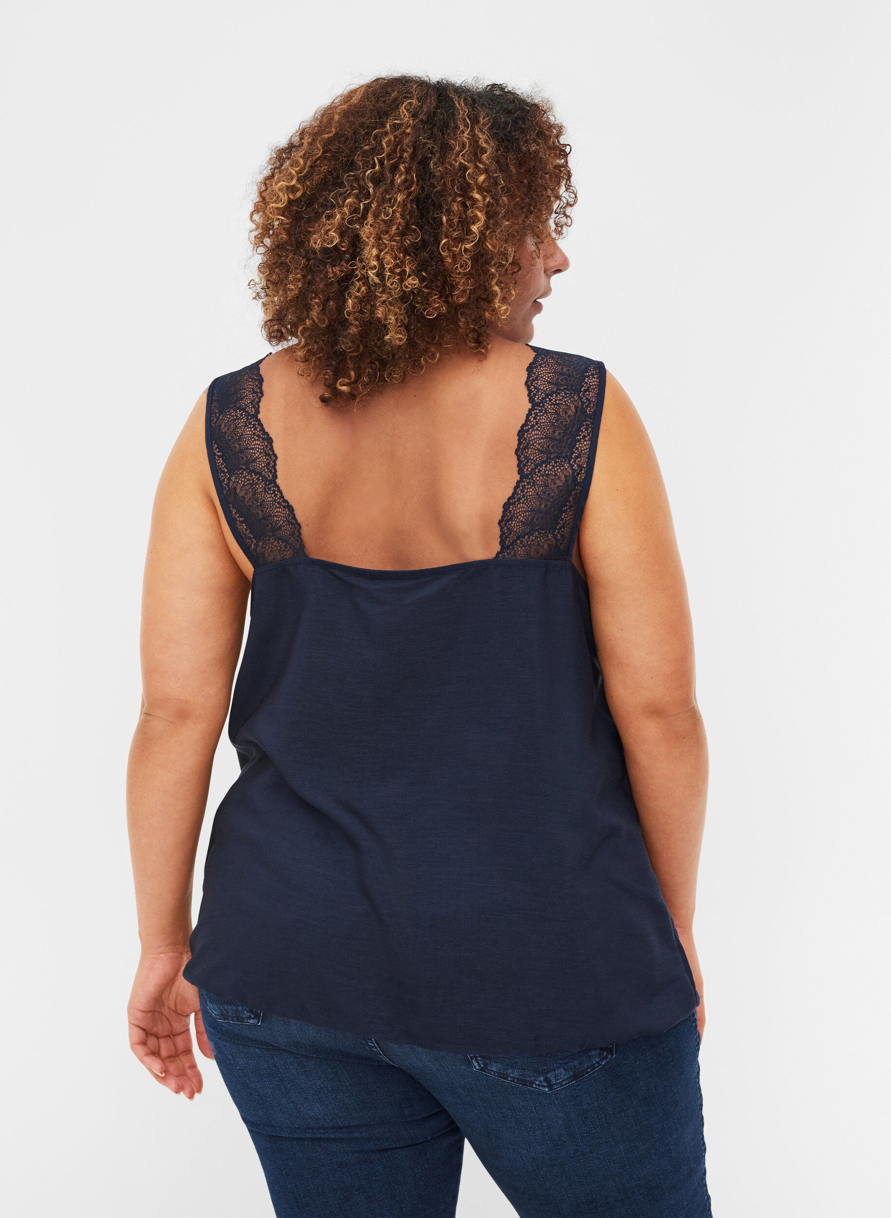Zizzi Top with lace and an elasticated hem , Navy Blazer, Model image number 1