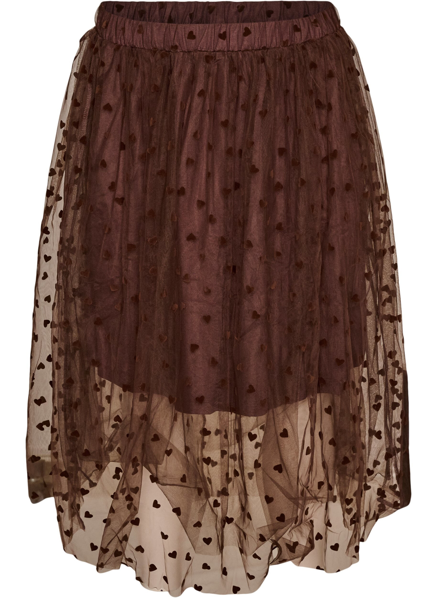 ZizziTiulowa sp&oacute;dnica midi w serca, Brązowy, Packshot image number 0