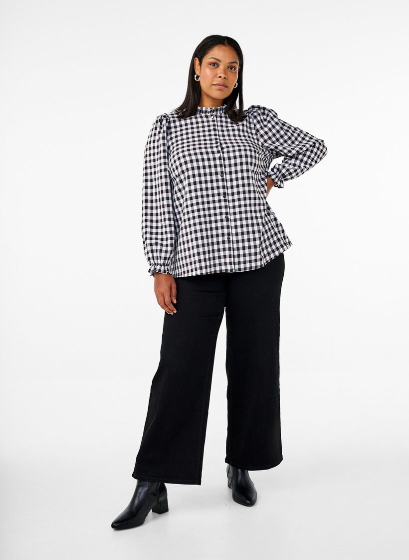 Bluzka koszulowa w krate z falbankami, Black/W. Gingham, Model image number 3