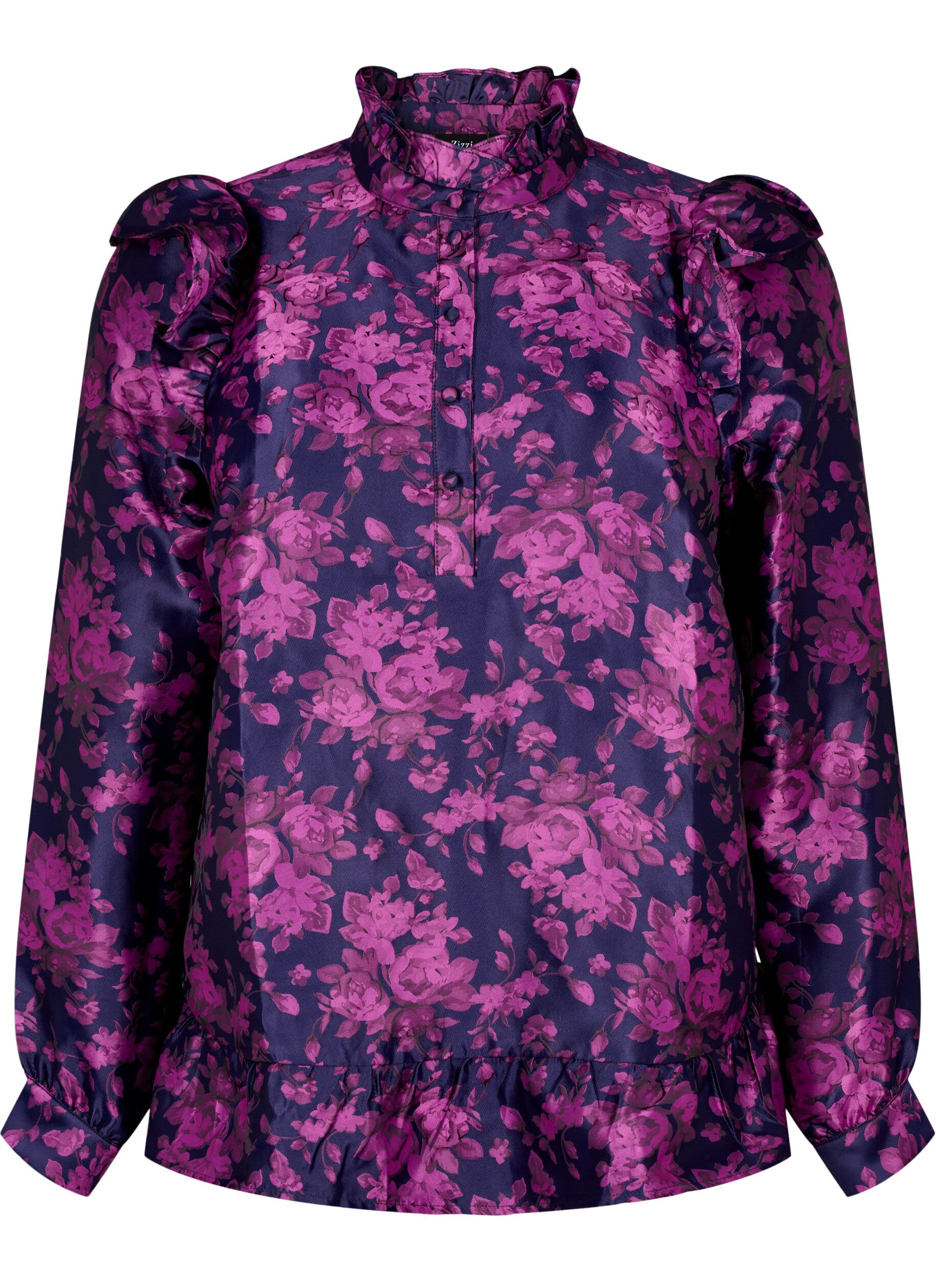 Zizzi Zakardowa bluzka w kwiaty z falbanami, Dark Blue Pink, Packshot image number 0