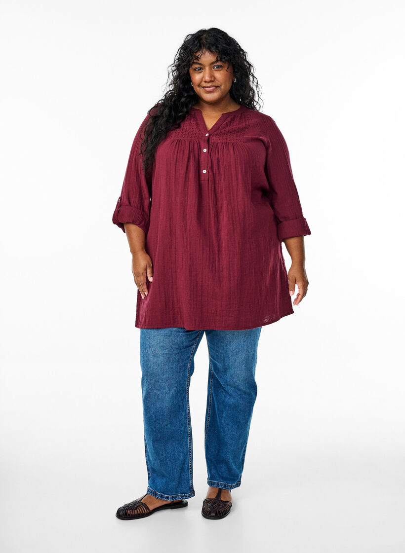 Tunika z bawelnianej, muslinowej tkaniny z haftem angielskim, Ciemnobordowy, Model image number 1
