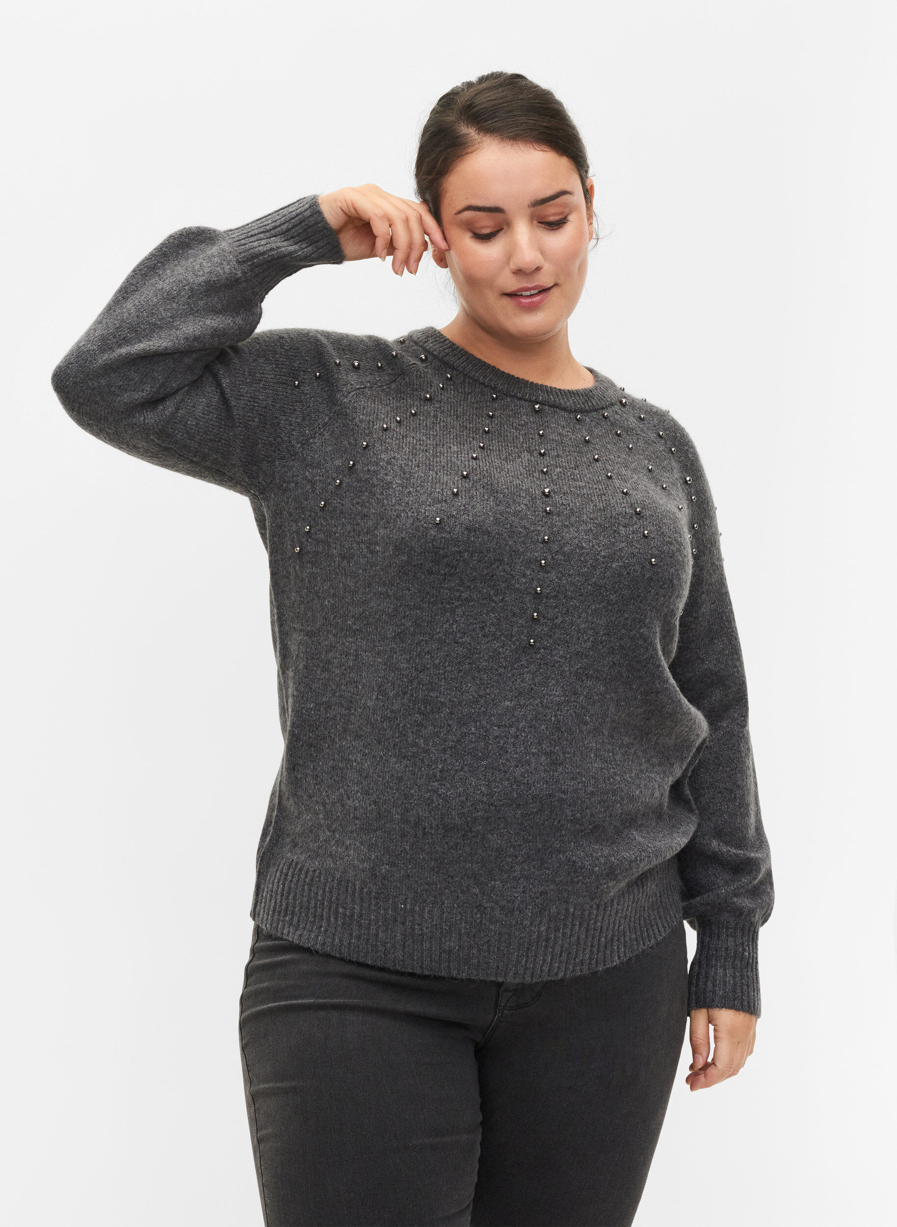 Zizzi Dzianinowy sweter z koralikami, Dark Grey Melange, Model image number 0