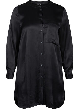 Dluga blyszczaca koszula z rozcieciem, Black, Packshot image number 0