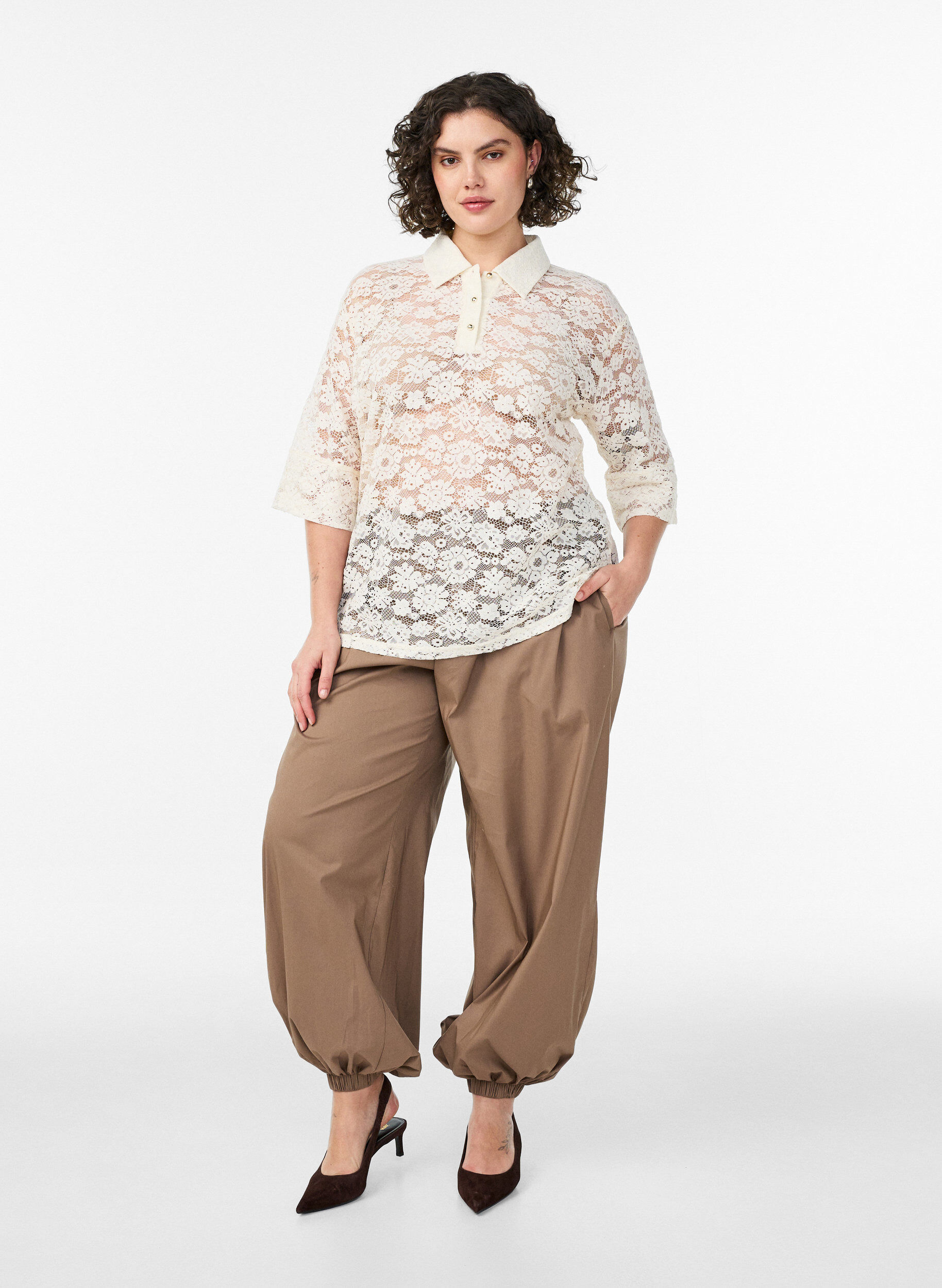 Zizzi Bluzka koronkowa z kolnierzykiem i rekawami 1/2, Biały, Model image number 1