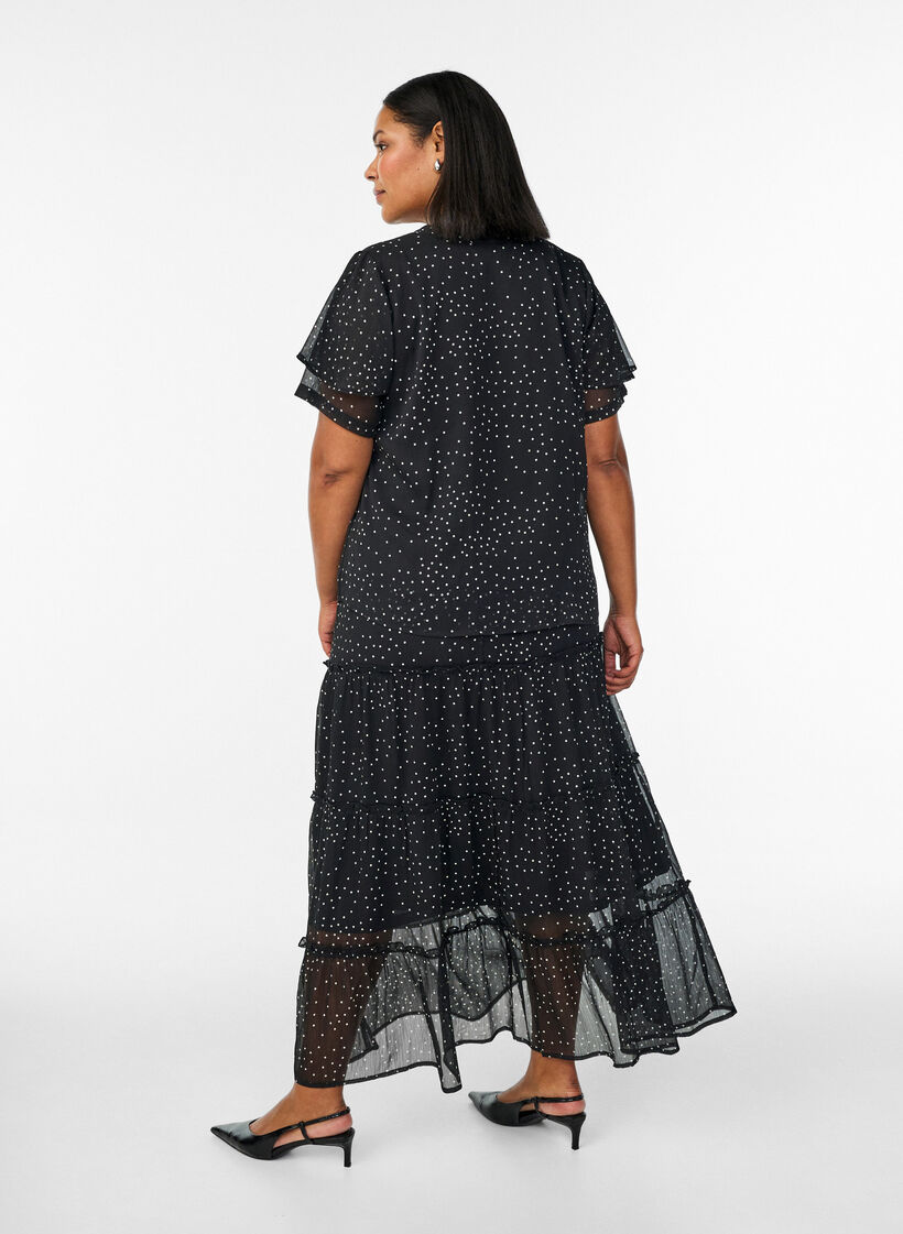 Dluga sp&oacute;dnica A-line ze szifonowej tkaniny w kropki, Czarne, Model image number 1