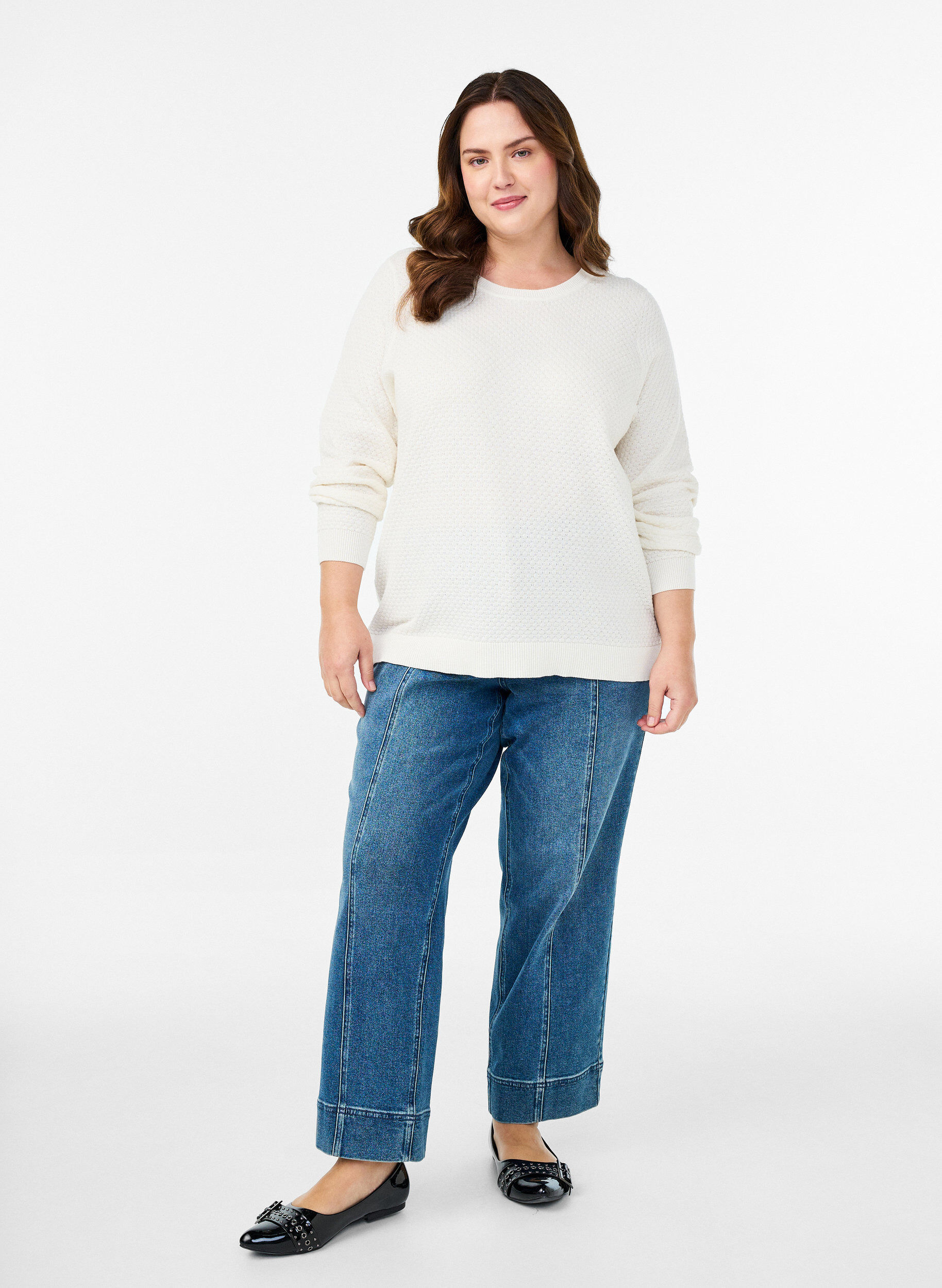 Zizzi Bluzka dzianinowa z bawelny z fakturowanym wzorem, Biały, Model image number 1