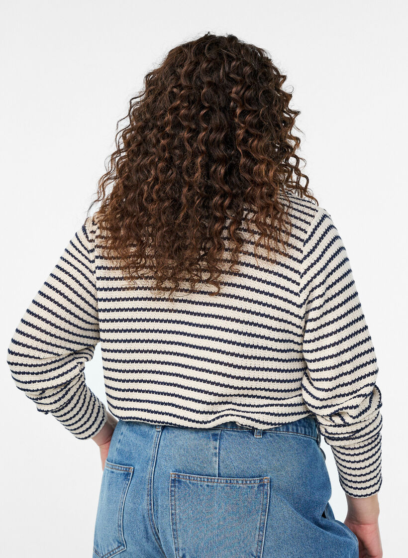 Dzianinowa bluzka w paski z kolnierzykiem i dekoltem V, Beżowy, Model image number 2