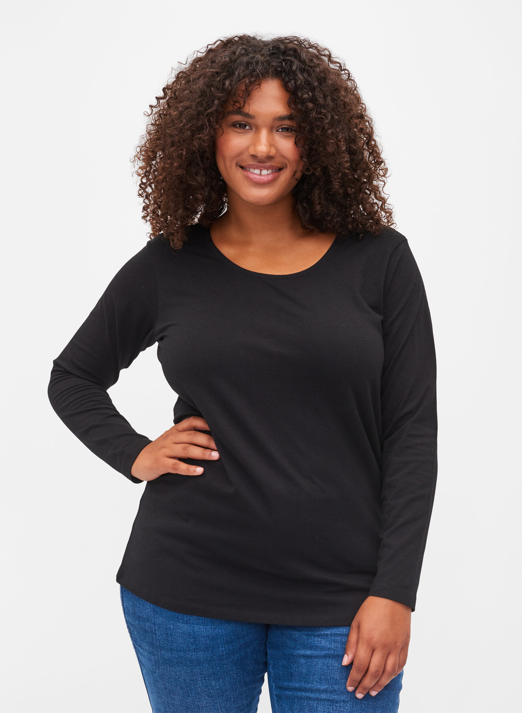 Zizzi Prosty top z bawelny, Solid Black, Model image number 0