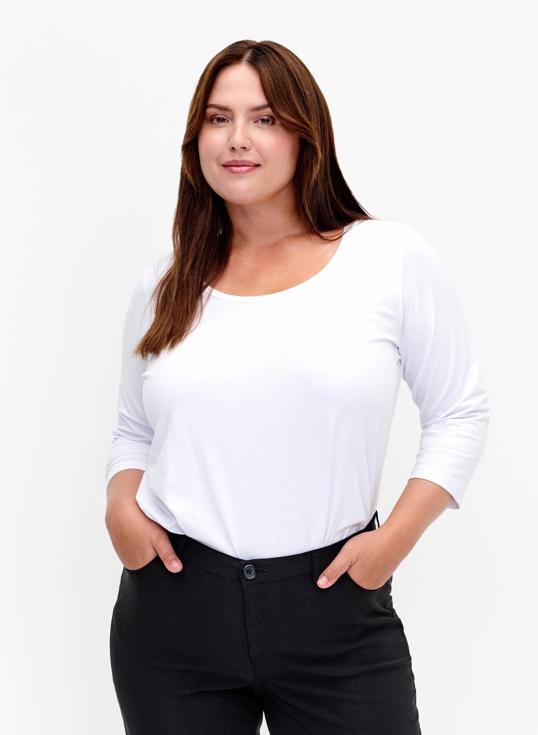 Bawelniana koszulka typu basic z rekawami 3/4, Biały, Model