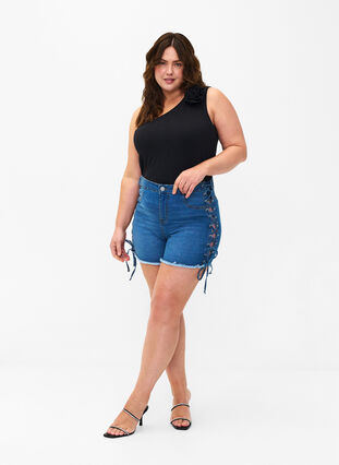 Szorty jeansowe ze sznurowaniem, Blue Denim, Model image number 4