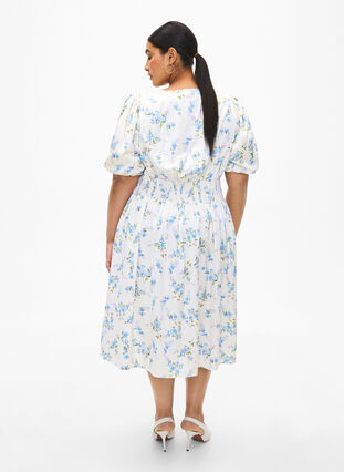 Kwiecista satynowa sukienka z bufiastymi rekawami, Off White Blue Fl., Model image number 1