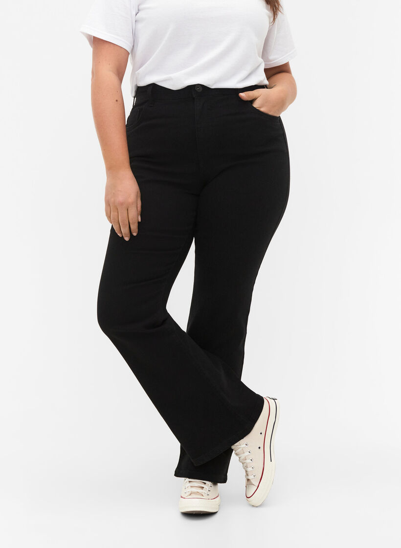 Jeansy o wysokiej talii z rozcieciem na buty, Czarne, Model image number 2