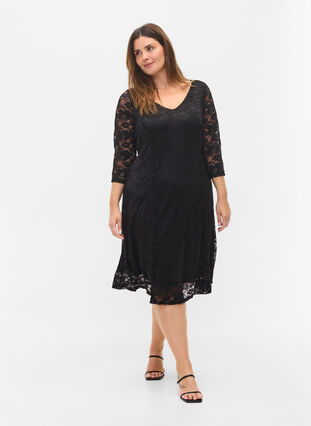 Koronkowa sukienka z rekawem 3/4, Black, Model image number 3