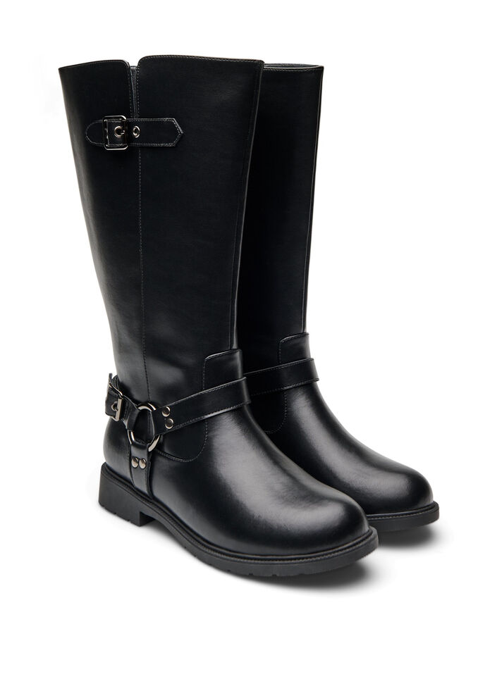Wysokie buty sk&oacute;rzane z ozdobnymi klamrami, Czarne, Packshot image number 1