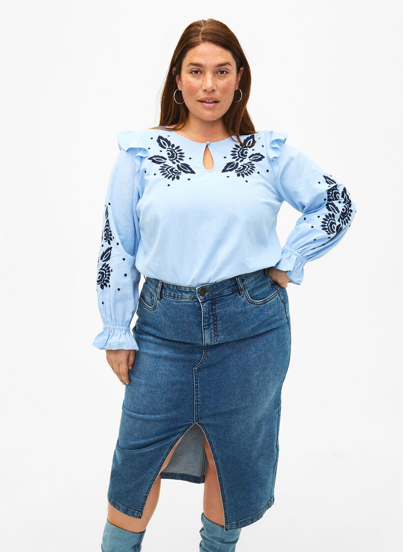 Spódnica dzinsowa z rozcieciem z przodu, Blue denim, Model image number 0