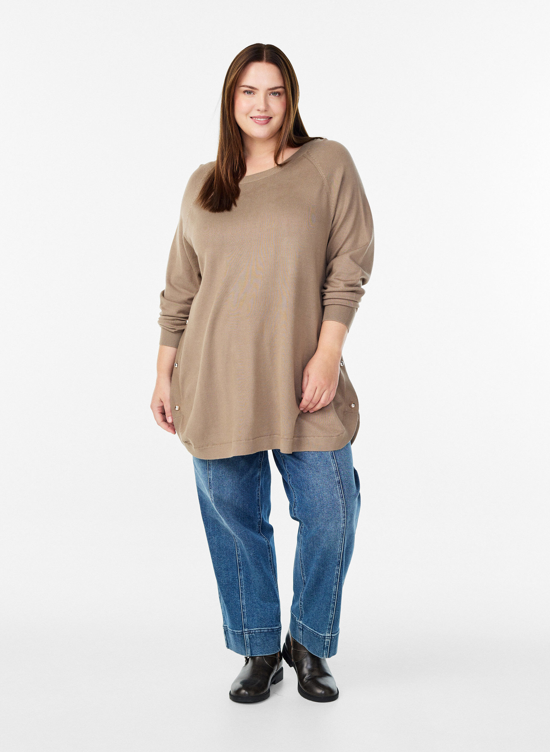 ZizziDzianinowa bluzka z guzikami po bokach, Beżowy, Model image number 1