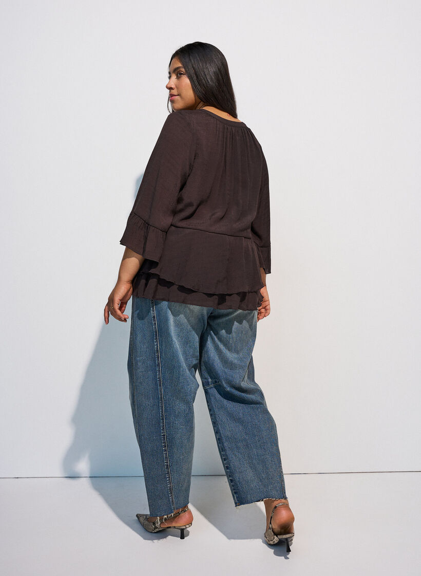 Bluzka z 3/4-sleeves i falbankami, Brązowy, Model image number 2