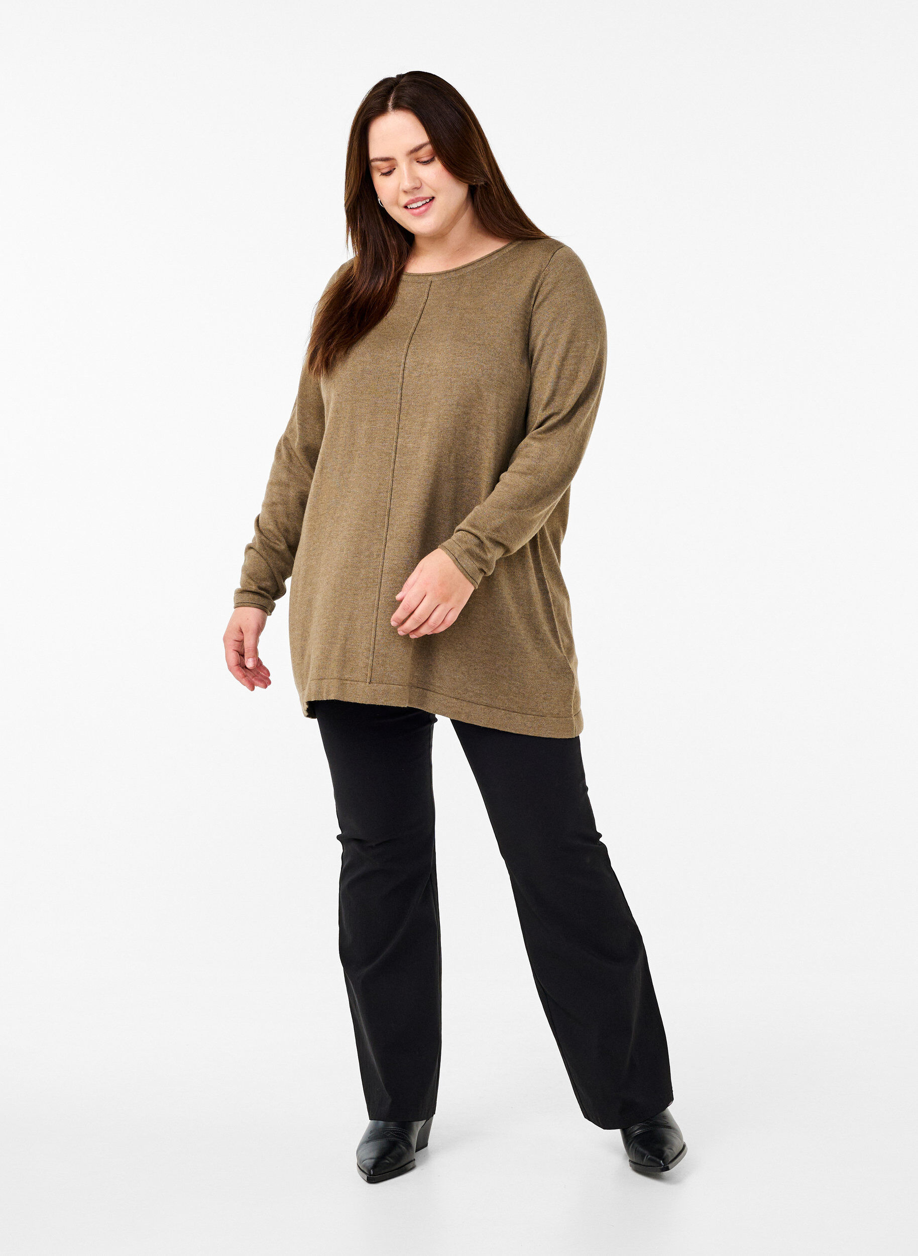 Zizzi Dzianinowa bluzka z mieszanki bawelny i wiskozy, Zielony, Model image number 1